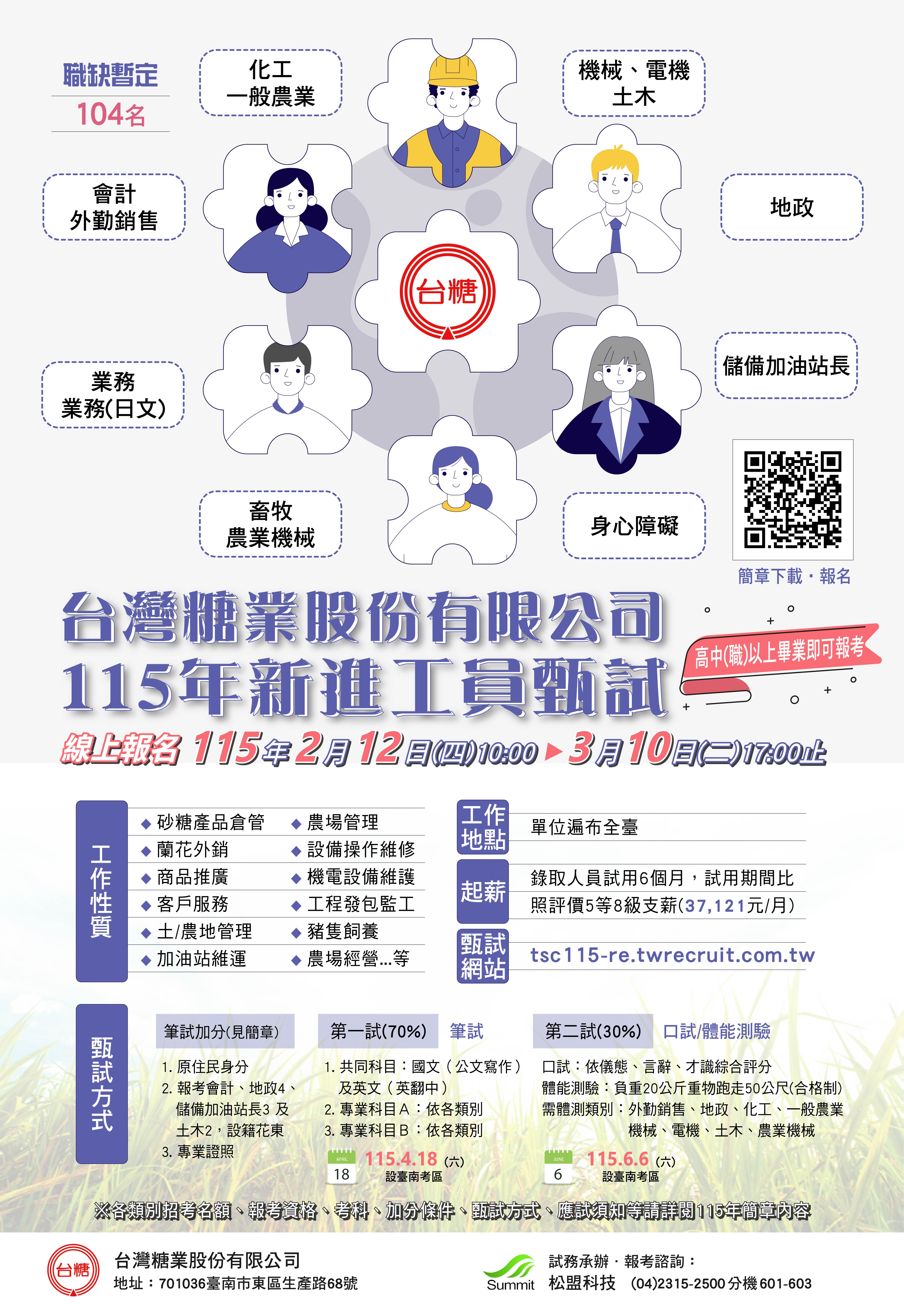 台糖115年新進工員甄試海報